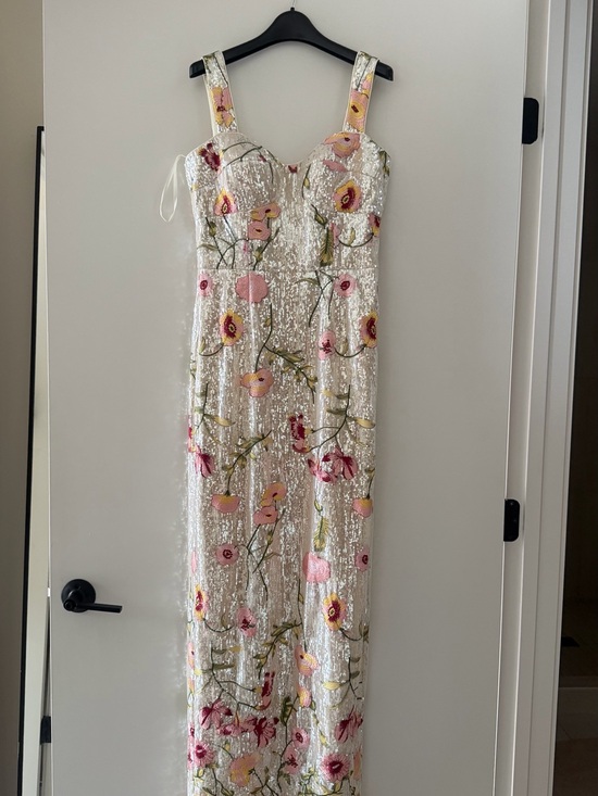 Dress the Population Dresses & Skirts - Dress the Population Ivory Sequin Maxi Dress with Pink & Green Floral Embroidery